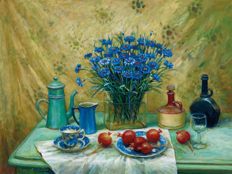 Margaret Olley - Cornflowers with Pomegranates