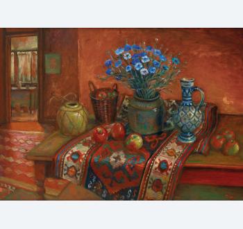 MARGARET OLLEY (1923-2011), <I>Kilim Rug and Cornflowers II</I> 1997. Sold for $141,136 including buyer's premium.
© Margaret Olley / Courtesy of the Margaret Olley Trust &  Philip Bacon Galleries, Brisbane.