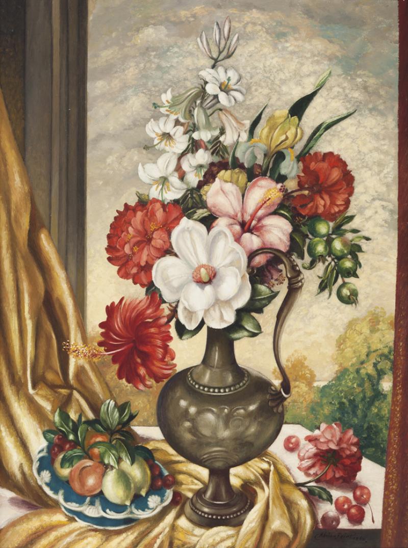 Adrian Feint - (Still Life with Ewer, Mixed Flowers and Cherries)