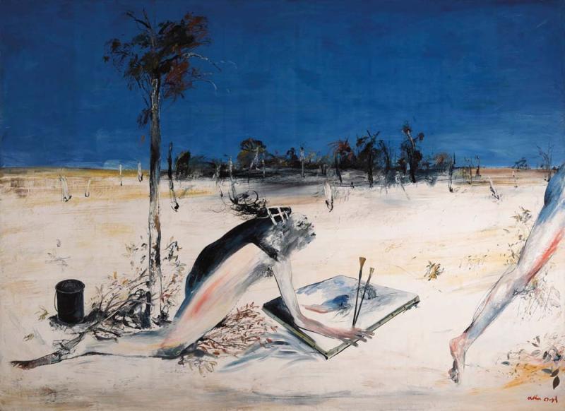 Arthur Boyd - Large Kneeling Figure with Canvas and Black Can