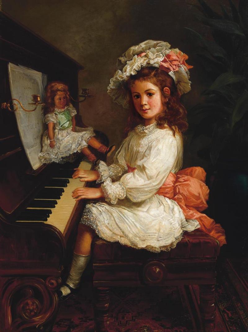 Nicholas Chevalier - Portrait of Miss Winifred Hudson as a Young Girl, Seated at a Piano, her Doll Nearby