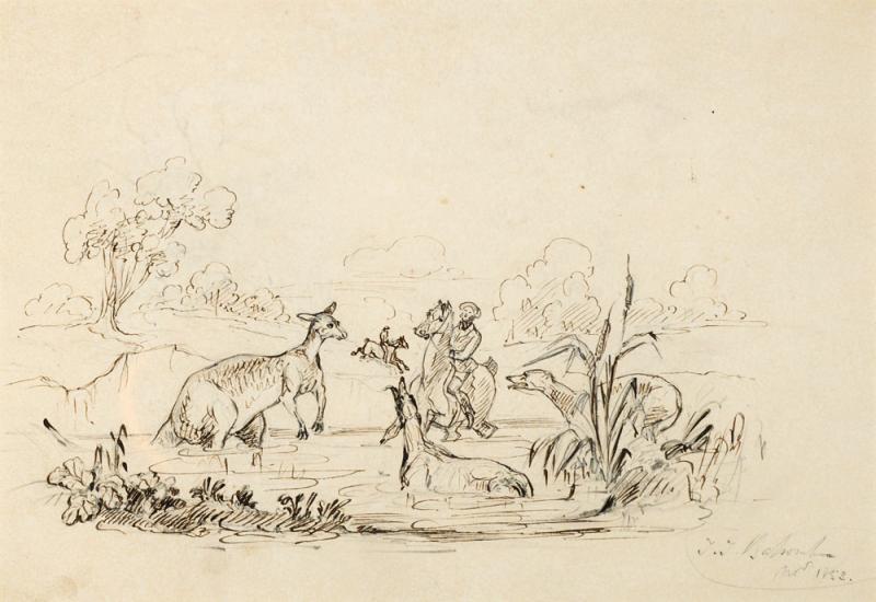 Thomas Balcombe - Sketch of a Man, Horse, Dog and Kangaroo in Water Bank