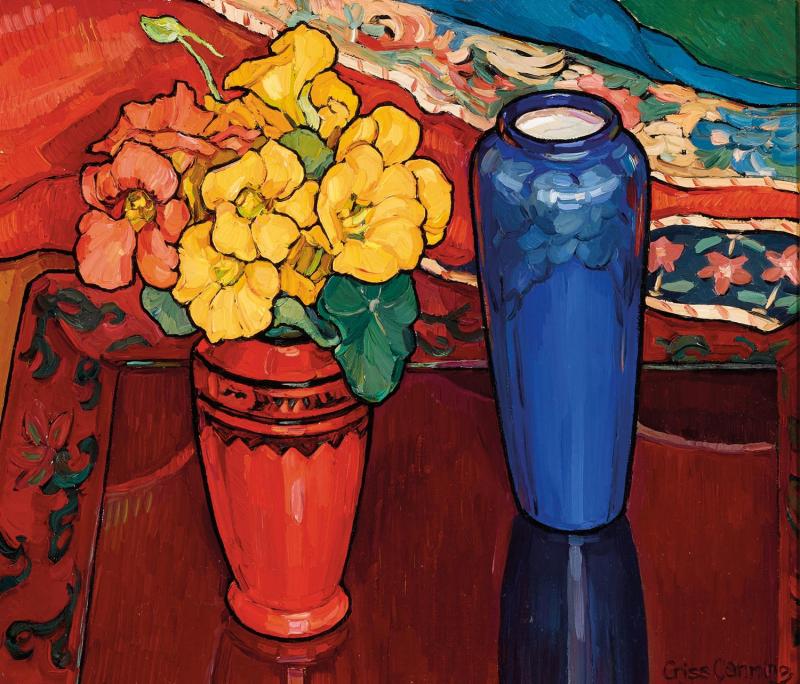 Criss Canning - Nasturtiums, Iris and Blue Vase