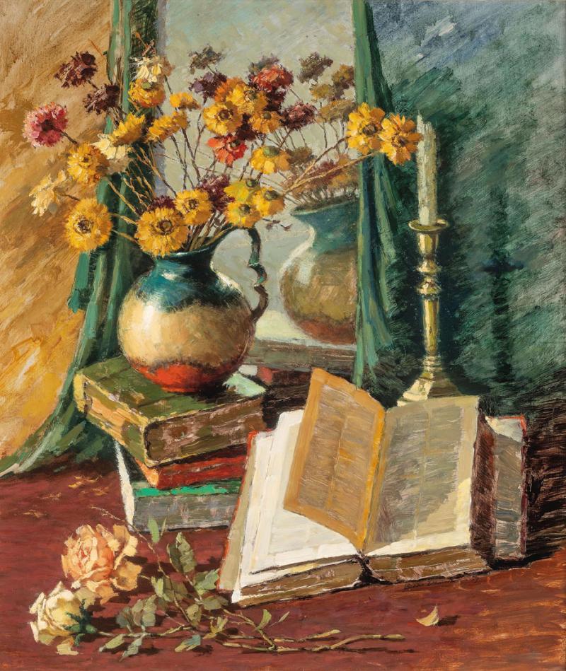 Bessie Davidson - Still Life with Books and Candlestick