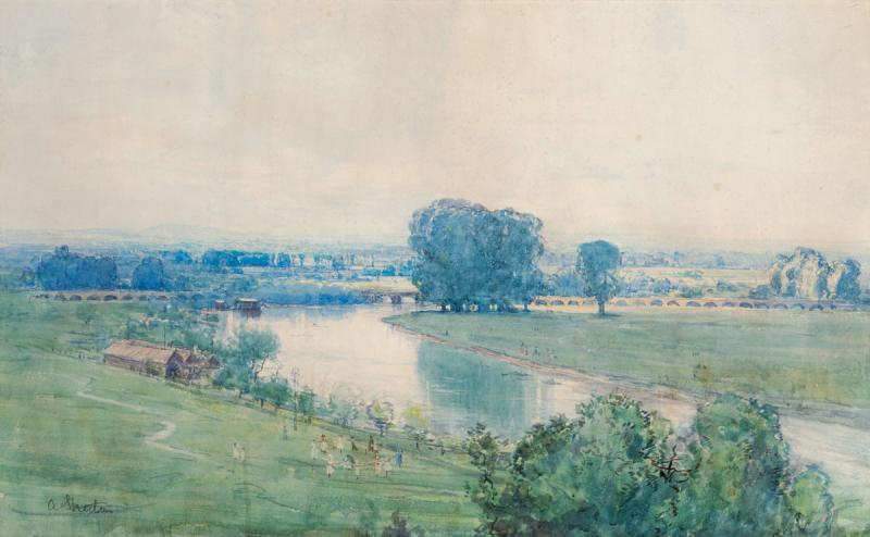 ARTHUR STREETON - Landscape with Viaduct (possibly the River Ouse, Sussex)