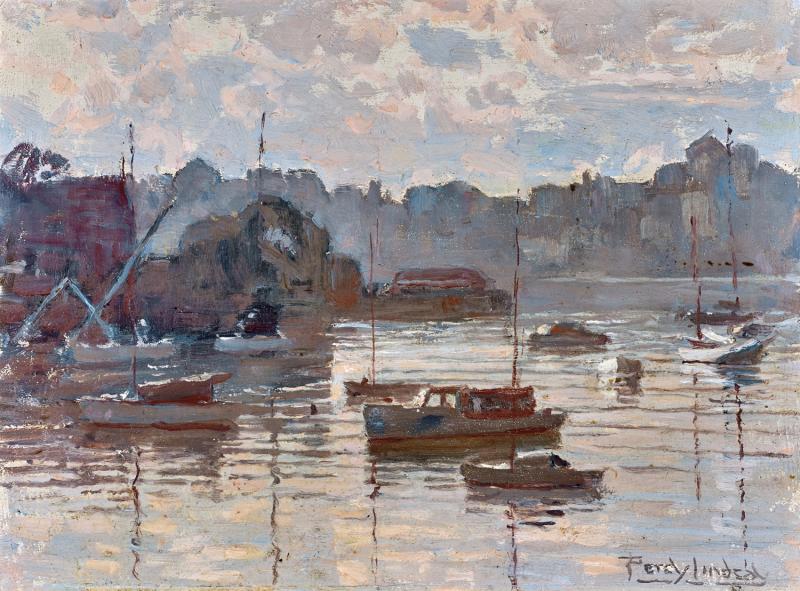 Percy Lindsay - Boats Moored on Sydney Harbour