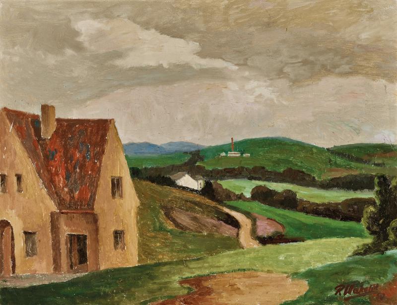 Roland Wakelin - Country Landscape with Houses and Factory in Distance