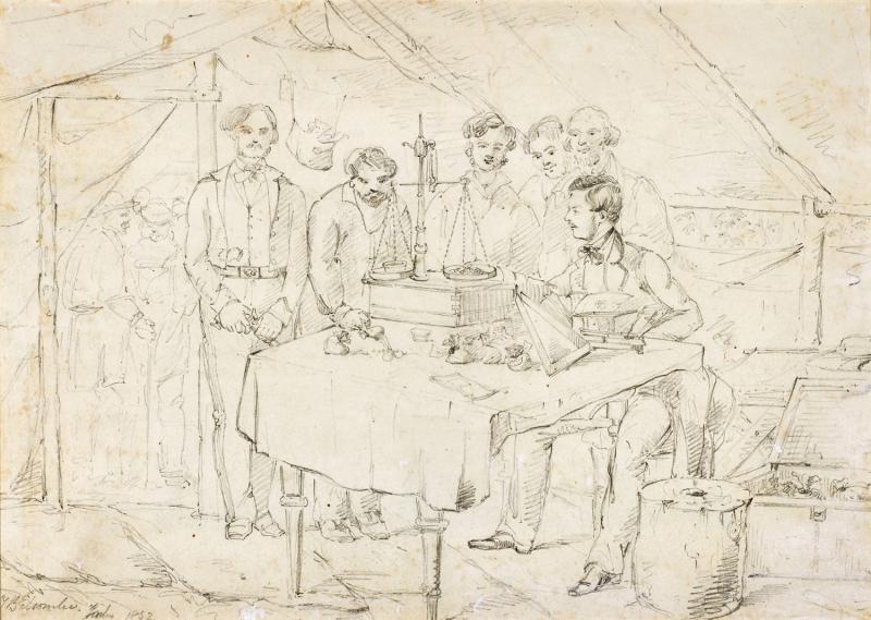 THOMAS BALCOMBE - Alfred Delves Broughton Weighing Gold for Escort, Commipinus Camp, Turon River, November 1851