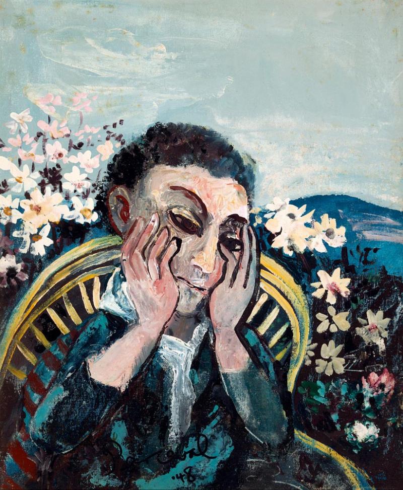 JOHN PERCEVAL - Man Thinking in Cane Chair with Flowers