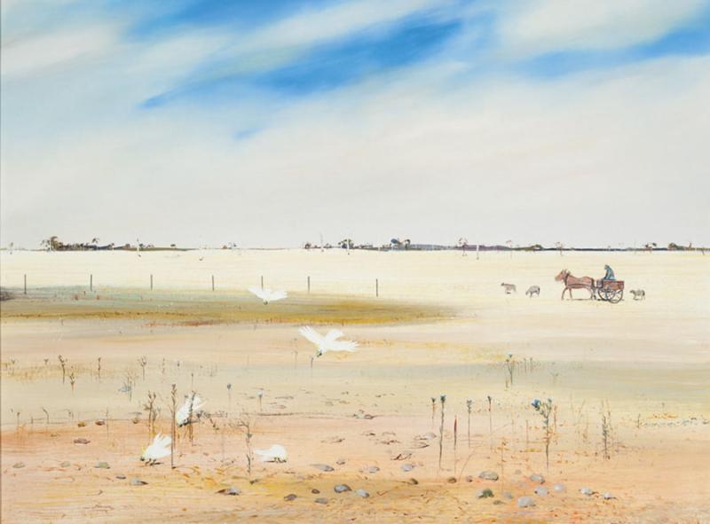 ARTHUR BOYD - Wimmera Landscape with Farmer and Cockatoos