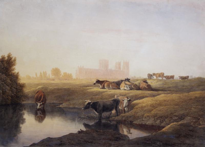 JOHN GLOVER - Cattle in Water Meadows with York Minster in the Distance