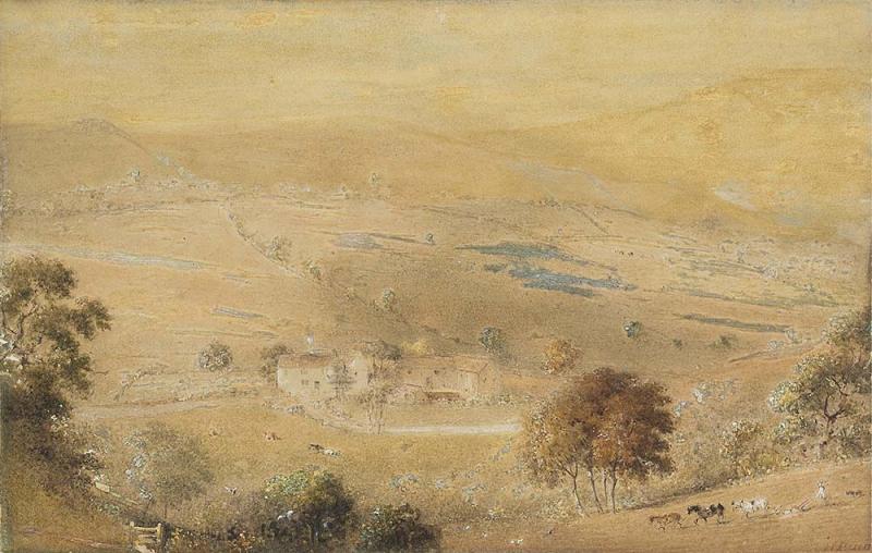 HENRY BURN - Valley Landscape with Farm Houses and Figures
